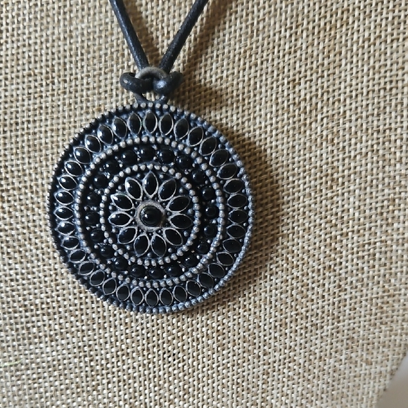 Intricate Black Mandala Necklace with Geometric Patterns - Picture 1 of 4